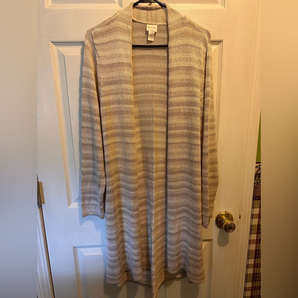 Chico's Beige and Light Gray Striped Cardigan